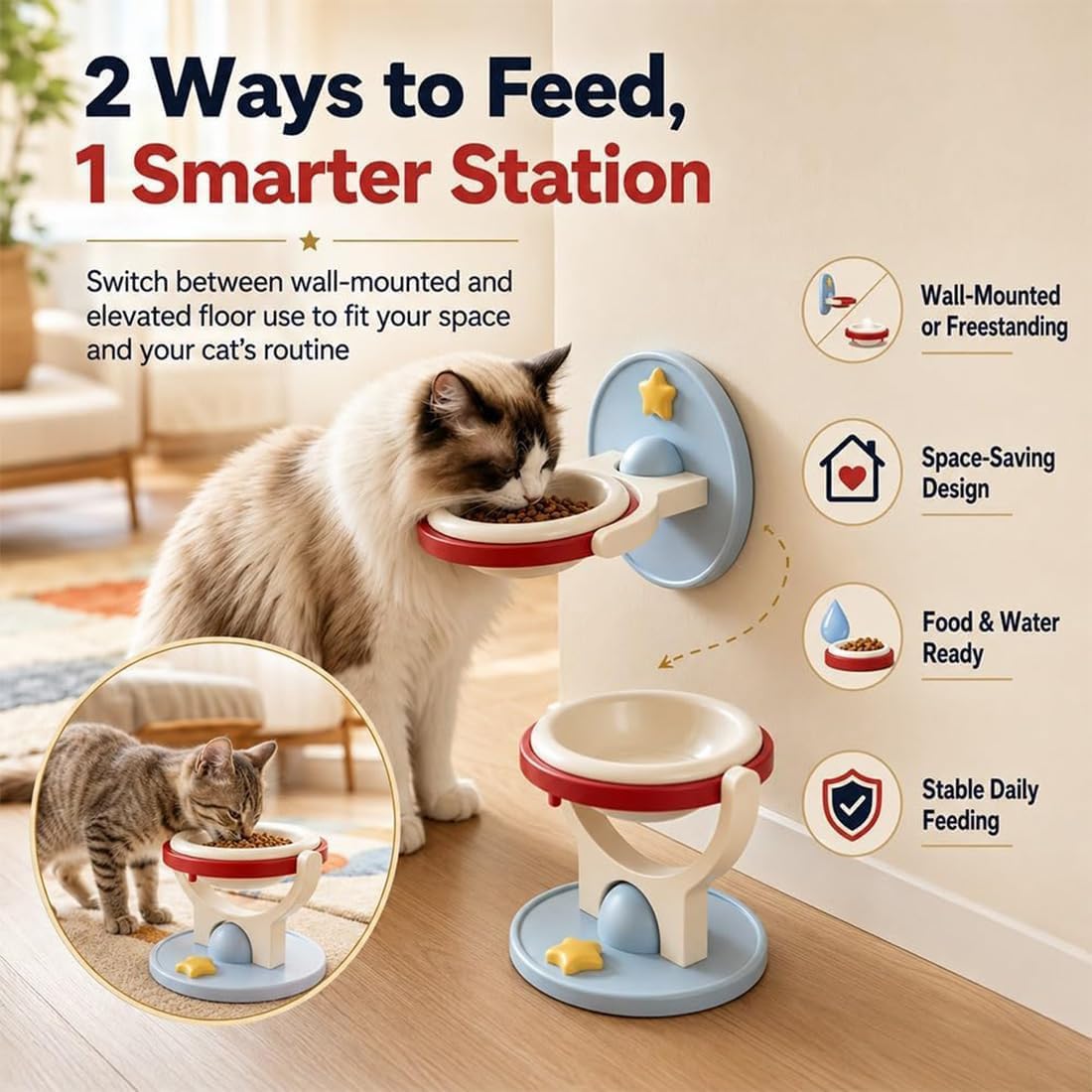 2-in-1 Wall Mounted & Elevated Cat Bowl
