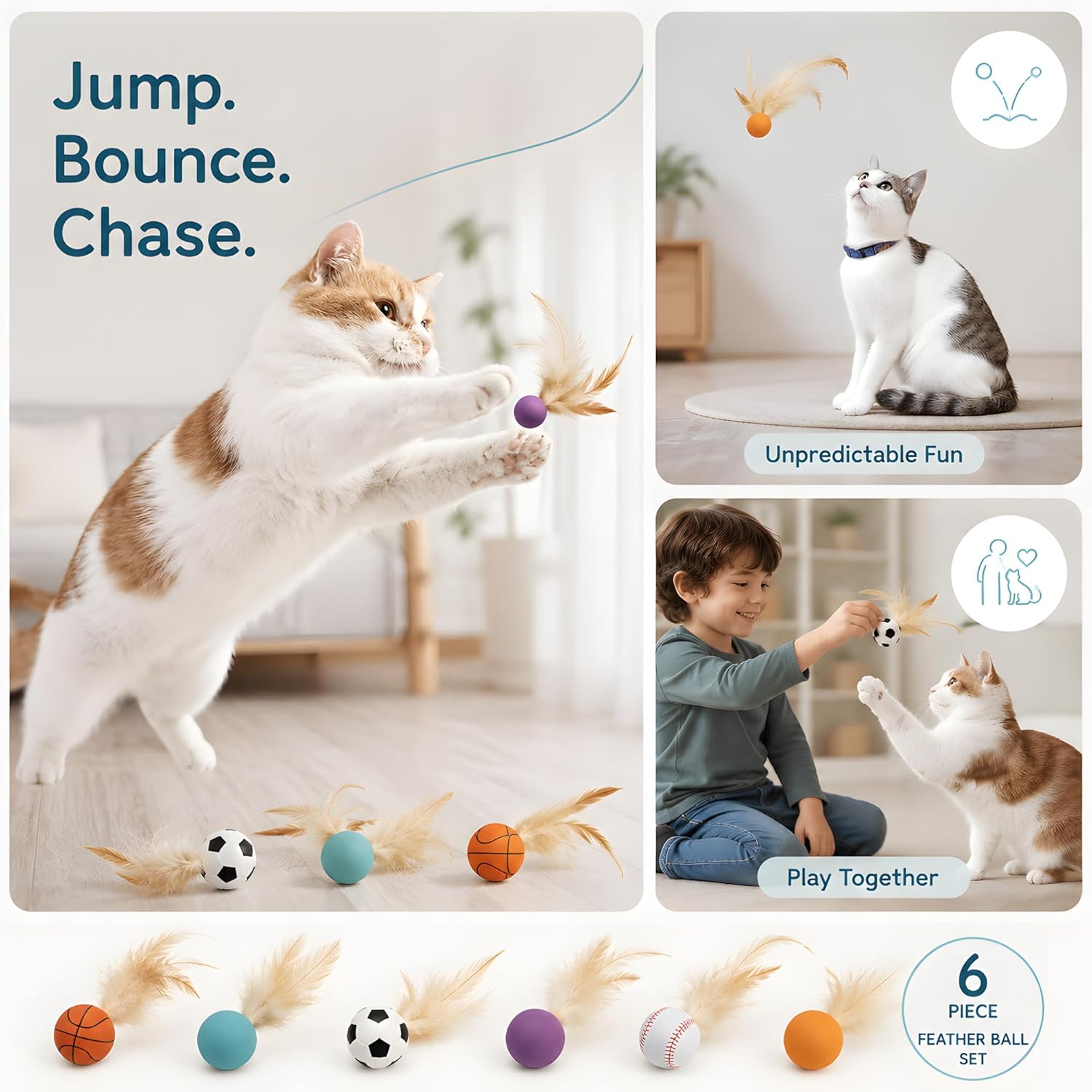 6 Pack Bouncy Cat Feather Ball Toys – Interactive Silicone Cat Balls for Indoor Cats