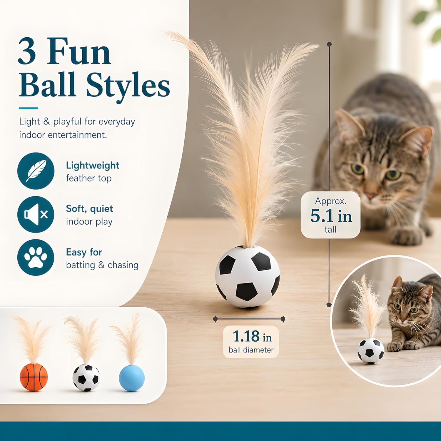 6 Pack Bouncy Cat Feather Ball Toys – Interactive Silicone Cat Balls for Indoor Cats