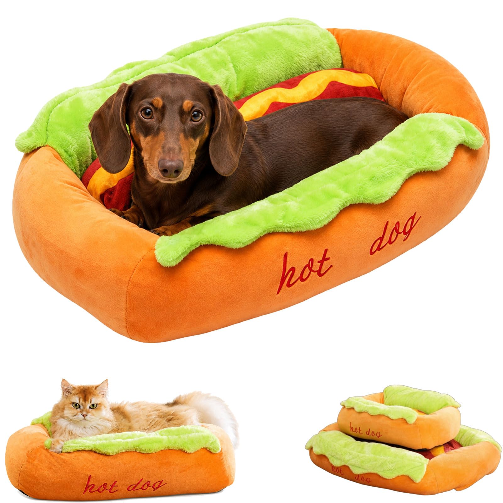 Hot Dog Dog Bed, Soft Plush Small Cute and Warm Cozy Food Dog Cat Bed
