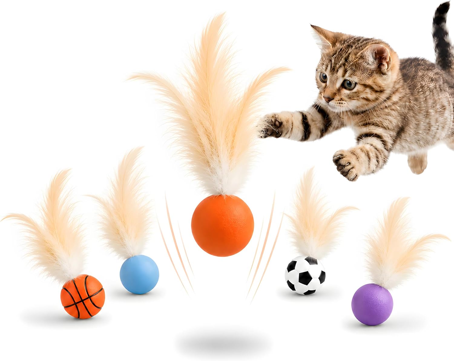 6 Pack Bouncy Cat Feather Ball Toys – Interactive Silicone Cat Balls for Indoor Cats