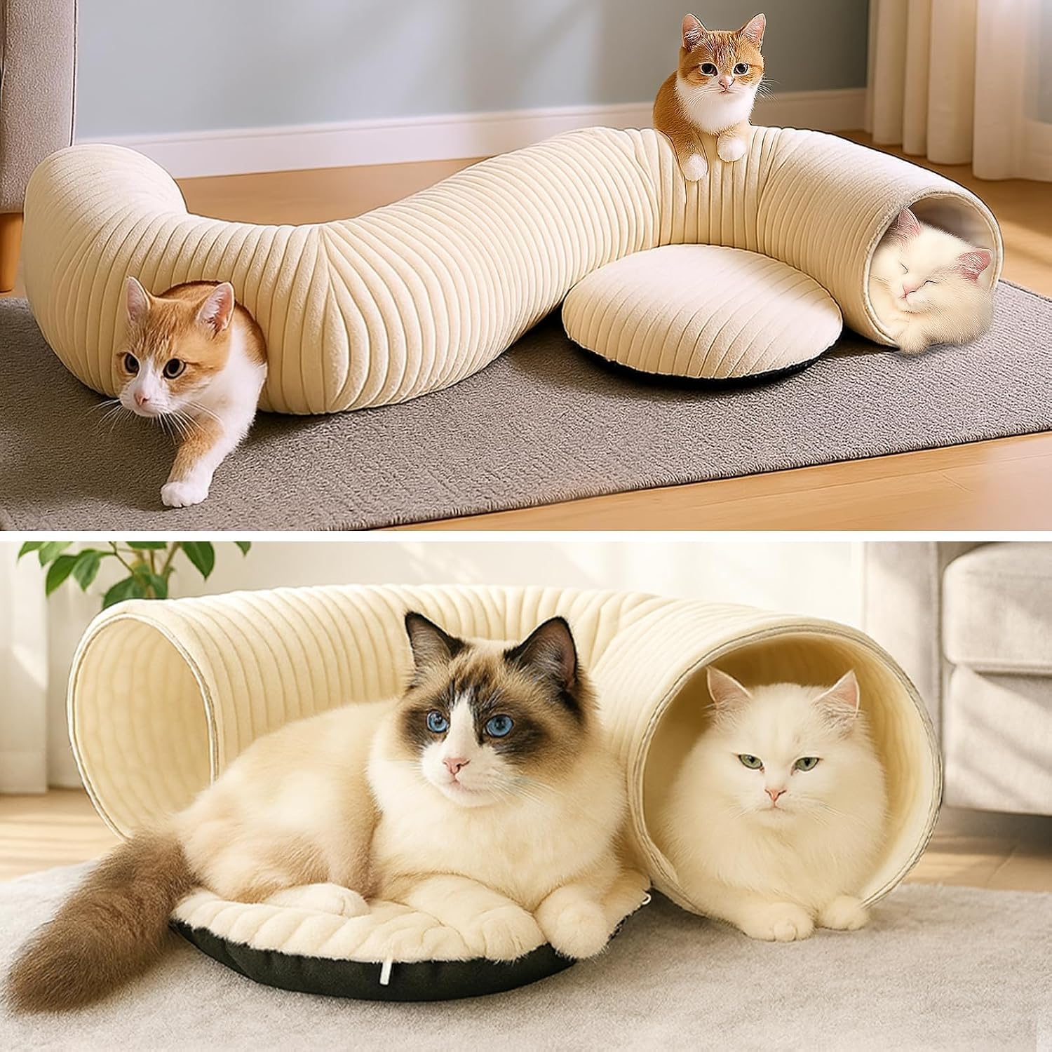 2-in-1 Cat Tunnel Bed – Foldable Cat Cave & Interactive Play Tunnel for Indoor Cats