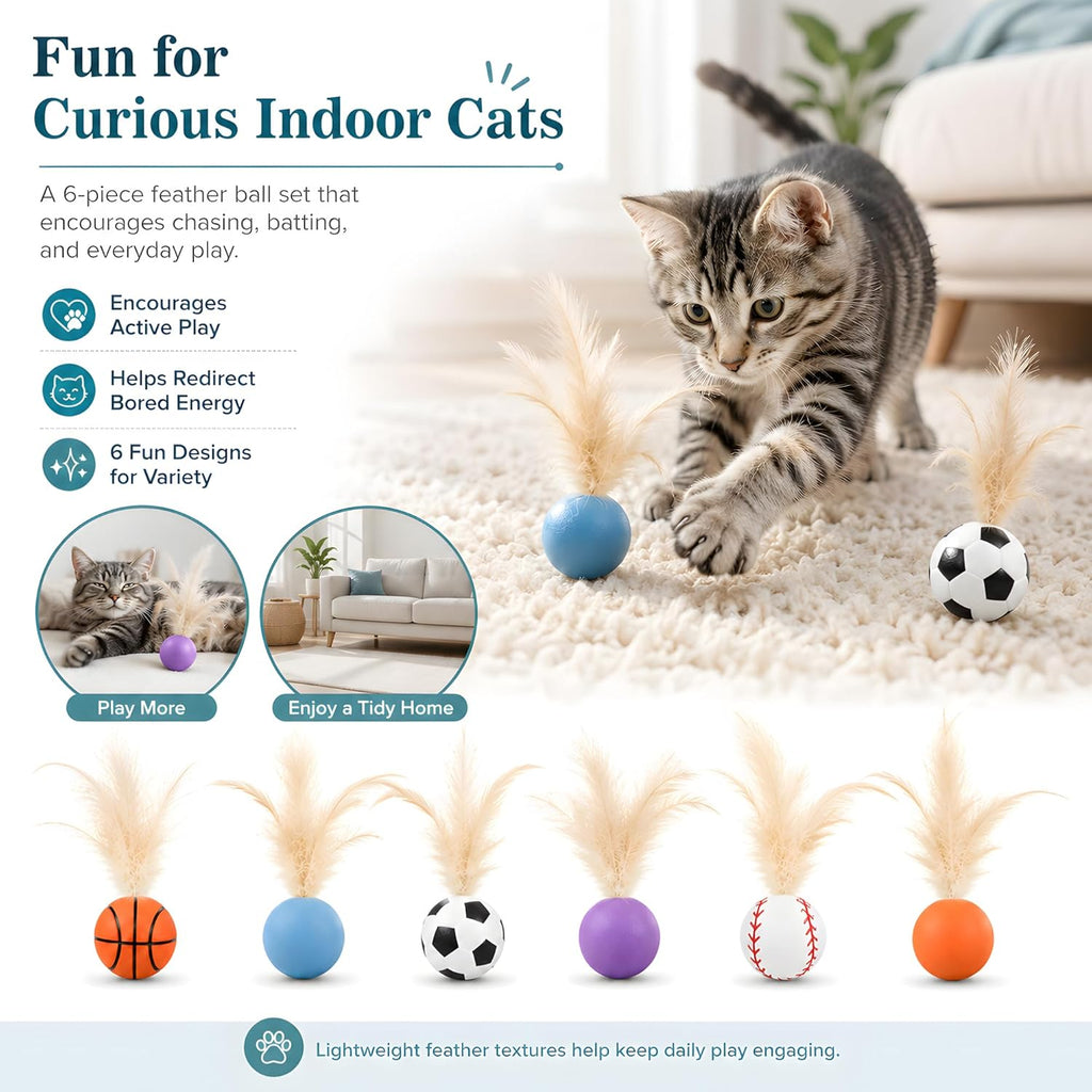 6 Pack Bouncy Cat Feather Ball Toys – Interactive Silicone Cat Balls for Indoor Cats