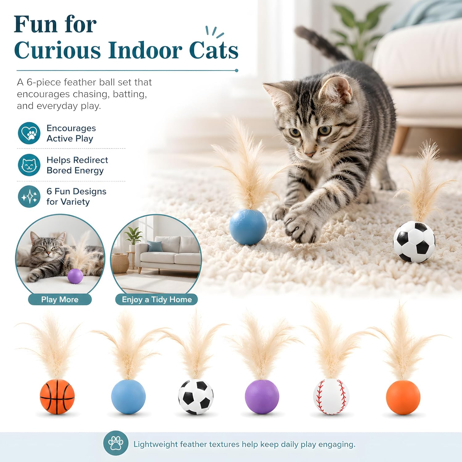 6 Pack Bouncy Cat Feather Ball Toys – Interactive Silicone Cat Balls for Indoor Cats