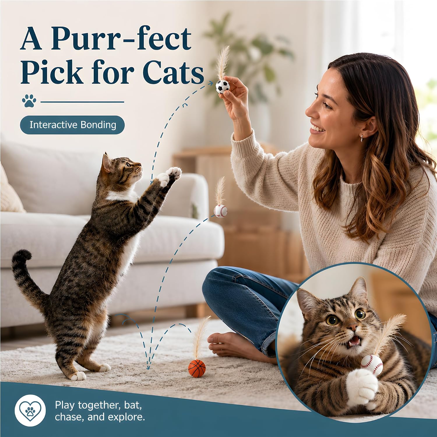 6 Pack Bouncy Cat Feather Ball Toys – Interactive Silicone Cat Balls for Indoor Cats