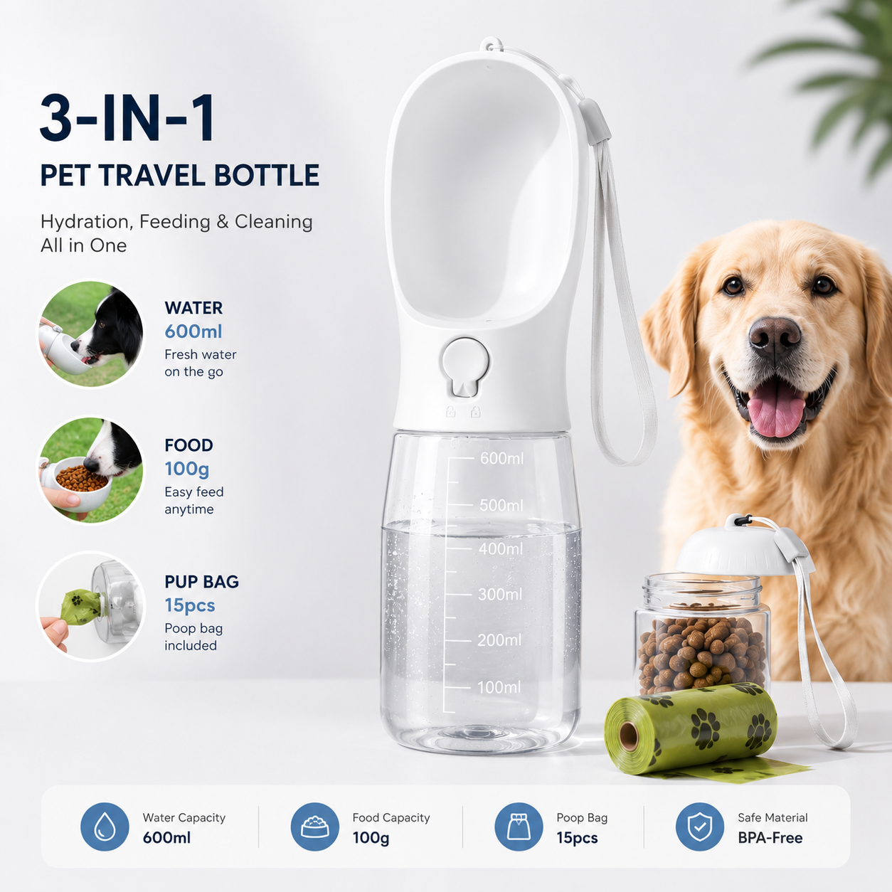 3-in-1 Portable Dog Water Bottle