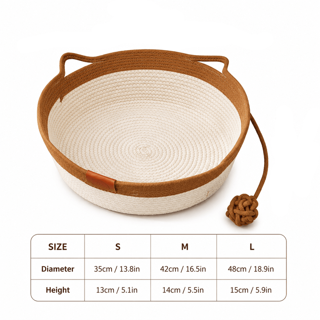 Handwoven Cotton Rope Cat Basket Bed with Scratcher & Hanging Toy