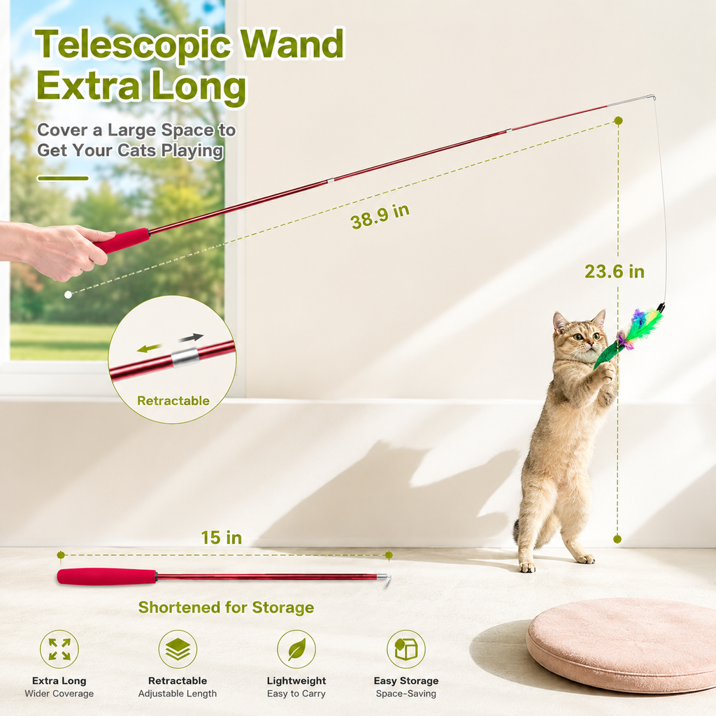 Interactive Cat Wand Toy Set - 2PCS Retractable Wand Toy and 9PCS Cat Feather Toys Refills