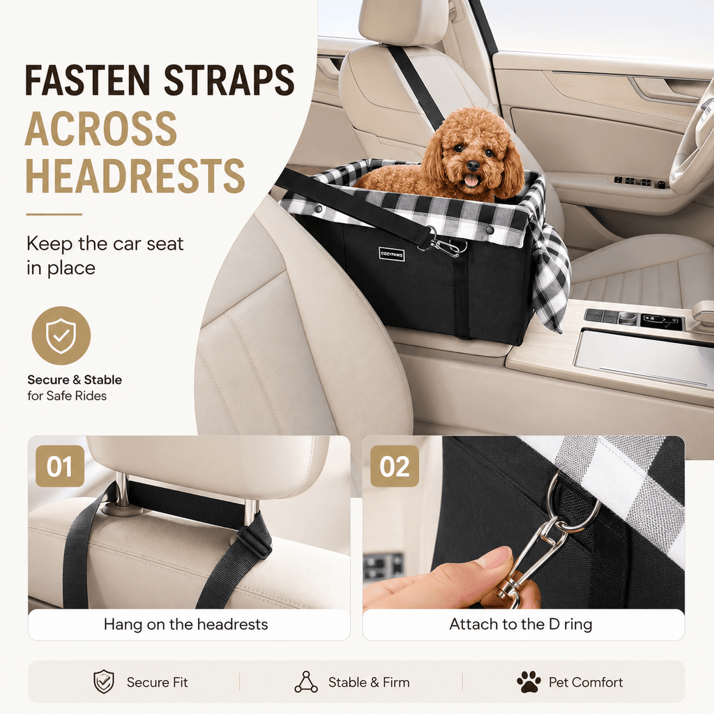 Foldable Center Console Dog Car Seat with Safety Leash & Anti-Slip Base