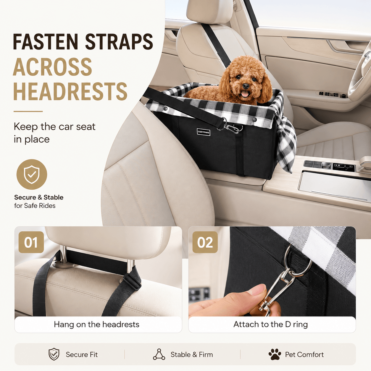 Foldable Center Console Dog Car Seat with Safety Leash & Anti-Slip Base