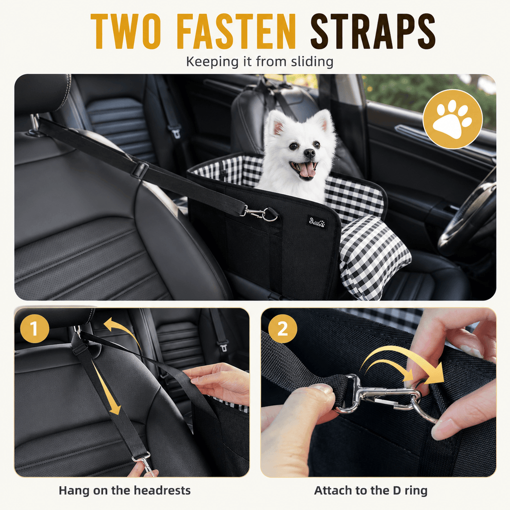 Foldable Center Console Dog Car Seat with Safety Leash & Anti-Slip Base