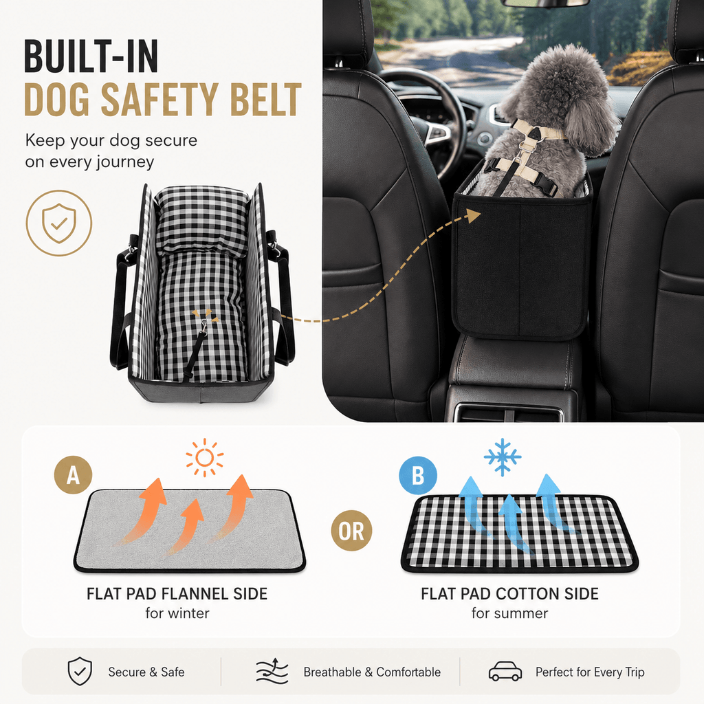 Foldable Center Console Dog Car Seat with Safety Leash & Anti-Slip Base