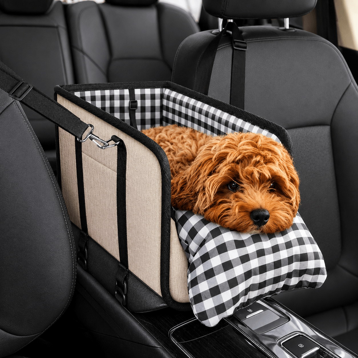 Foldable Center Console Dog Car Seat with Safety Leash & Anti-Slip Base