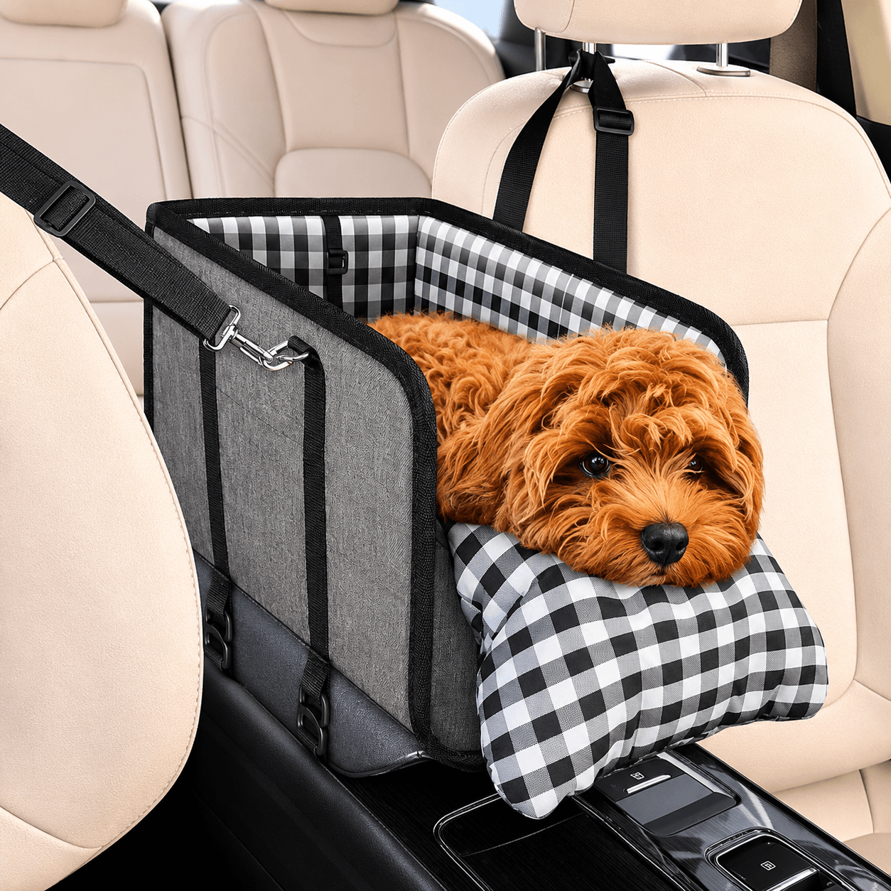Foldable Center Console Dog Car Seat with Safety Leash & Anti-Slip Base