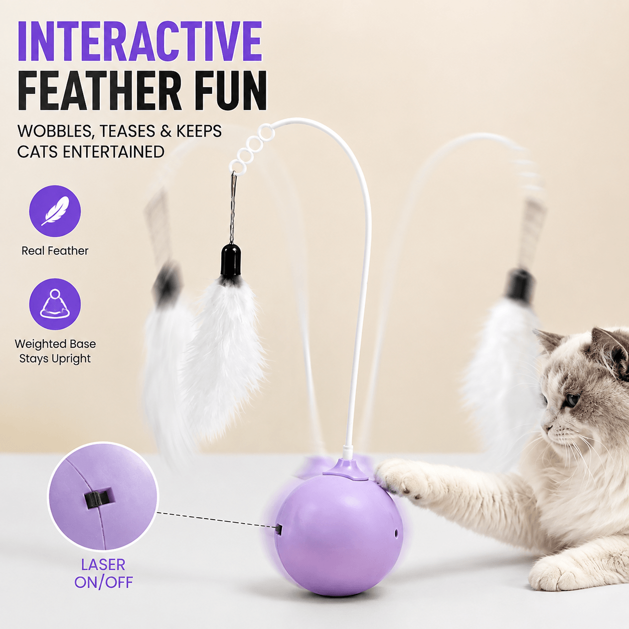 Interactive Feather & Laser Cat Toy – Wobble Teaser with Bell