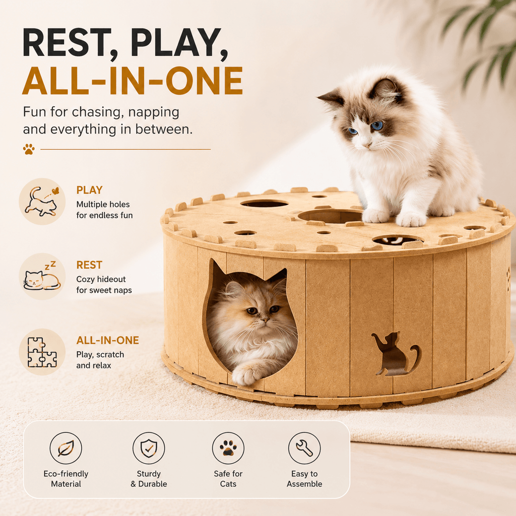 Felt Cat Tunnel & Hideaway – 2-in-1 Interactive Playhouse & Cozy Bed