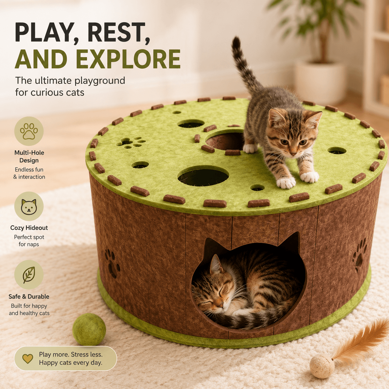 Felt Cat Tunnel & Hideaway – 2-in-1 Interactive Playhouse & Cozy Bed