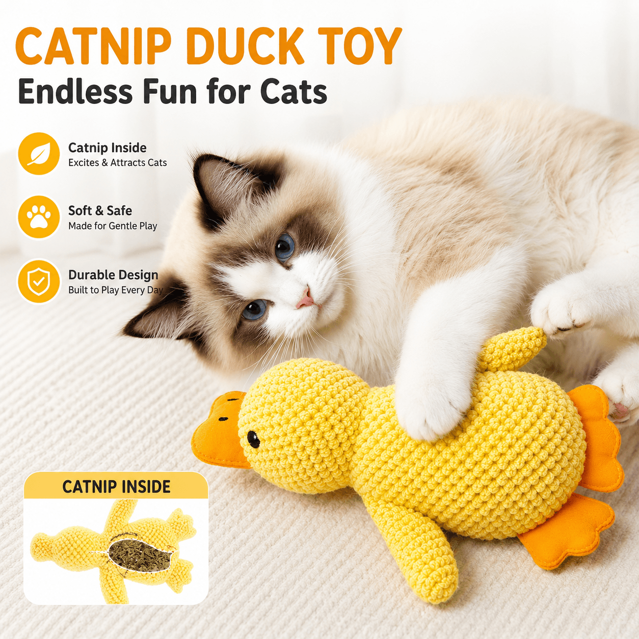 Catnip Duck Toy – Crinkle Plush Cat Toy for Kicking, Biting &amp; Interactive Play