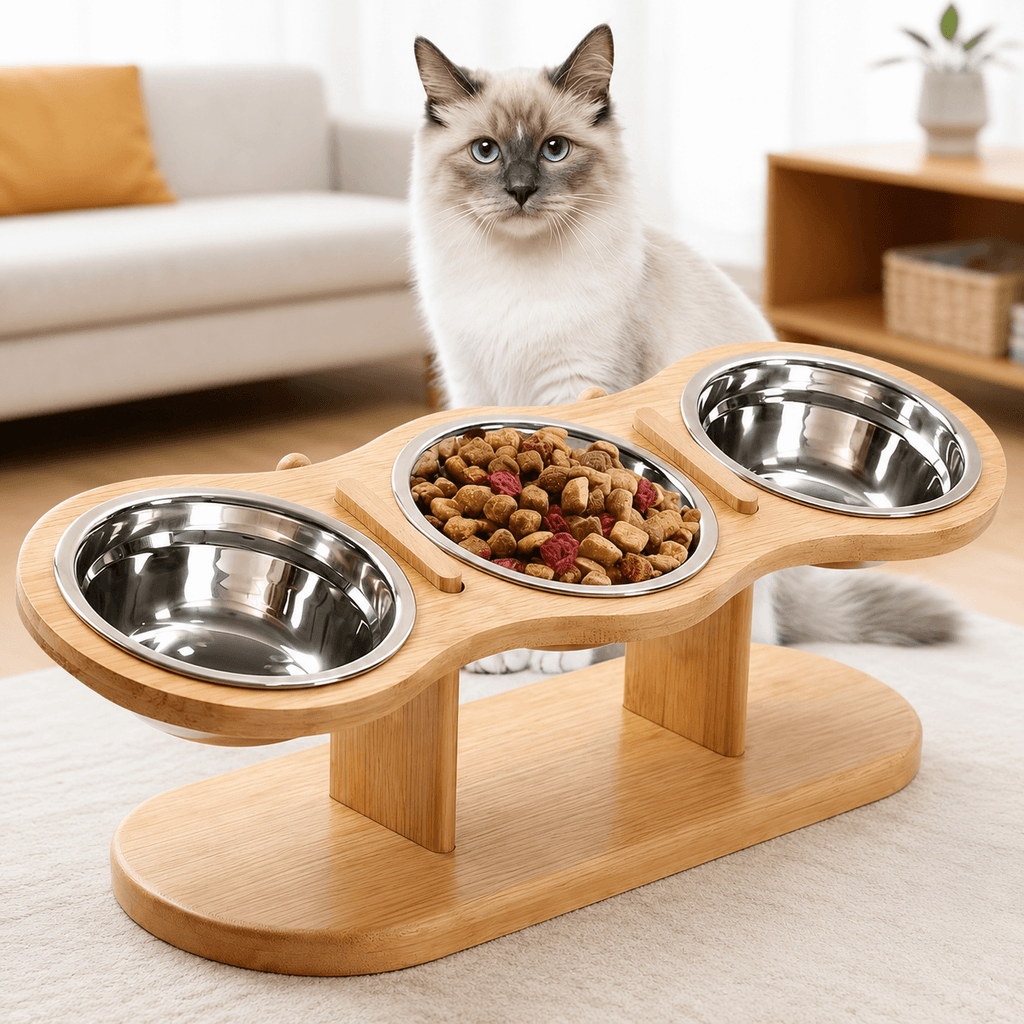 Elevated Bamboo Pet Feeder – 3-Bowl Feeding Station for Cats & Small Dogs