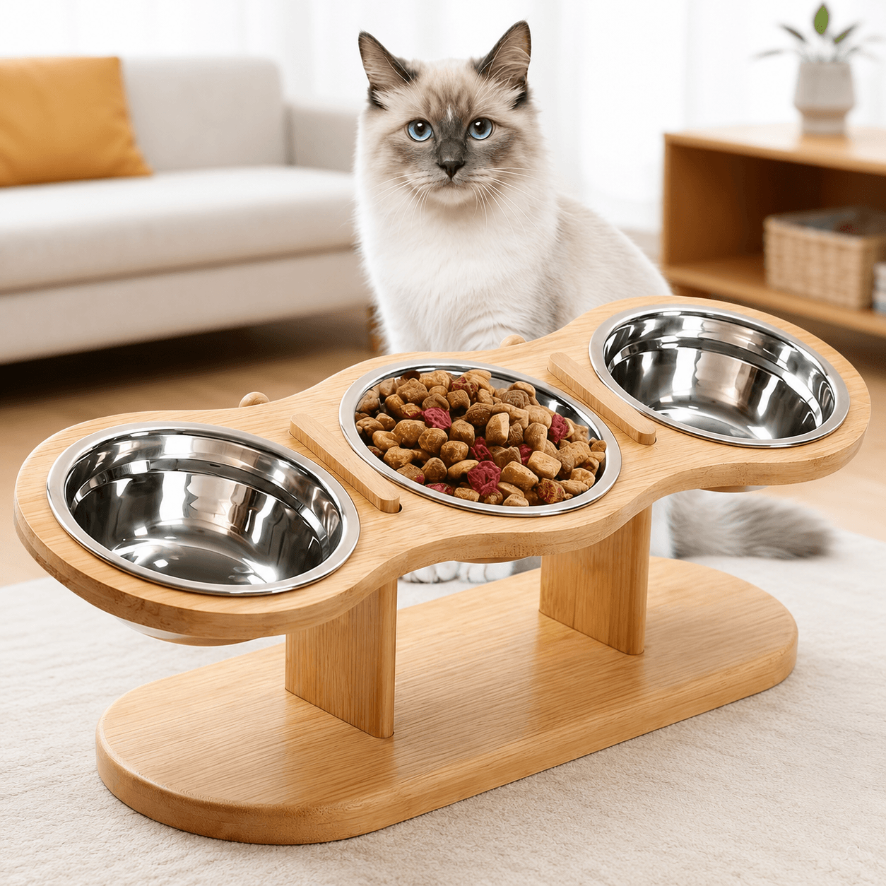 Elevated Bamboo Pet Feeder – 3-Bowl Feeding Station for Cats & Small Dogs