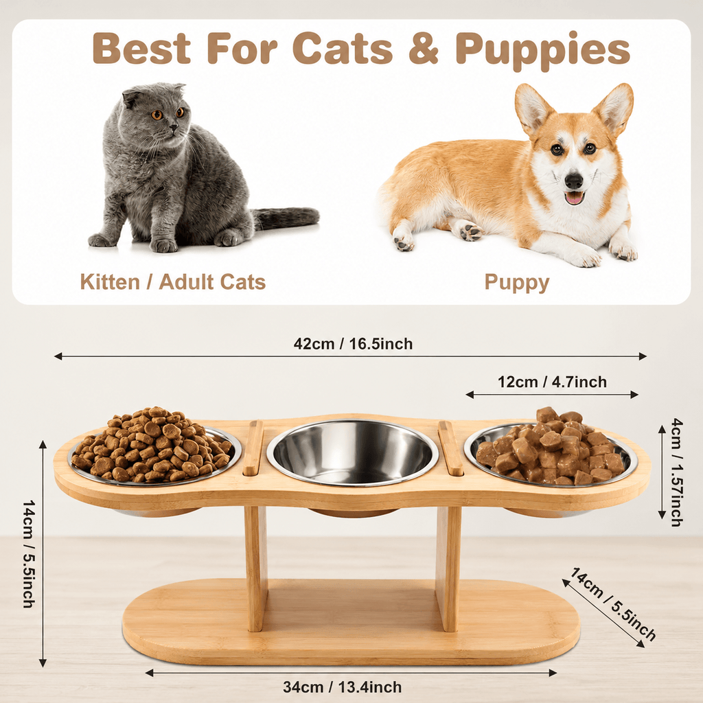 Elevated Bamboo Pet Feeder – 3-Bowl Feeding Station for Cats & Small Dogs