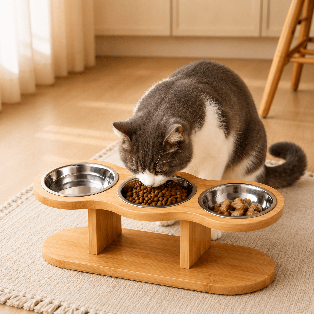 Elevated Bamboo Pet Feeder – 3-Bowl Feeding Station for Cats & Small Dogs