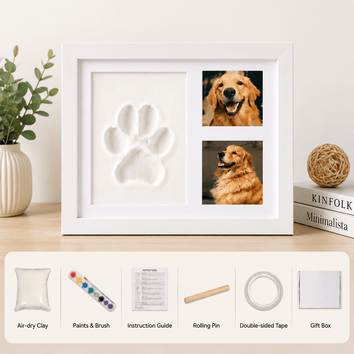 Pet Paw Print Frame Kit – Personalized Pet Memorial Keepsake with Photo Display