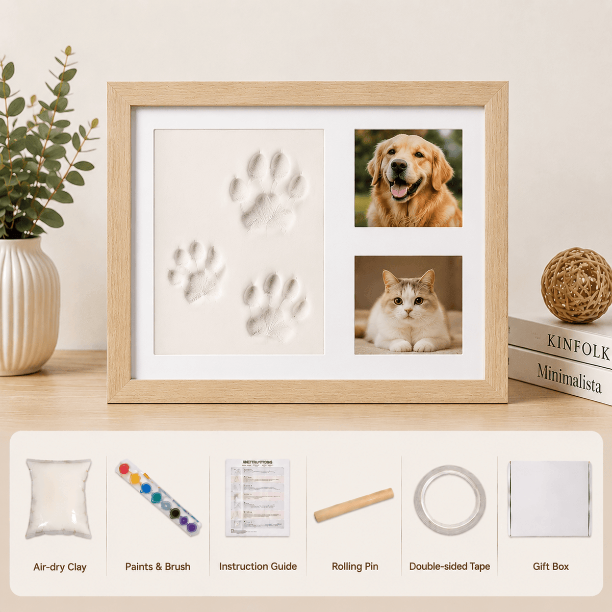 Pet Paw Print Frame Kit – Personalized Pet Memorial Keepsake with Photo Display