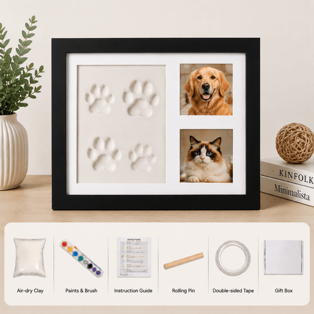 Pet Paw Print Frame Kit – Personalized Pet Memorial Keepsake with Photo Display