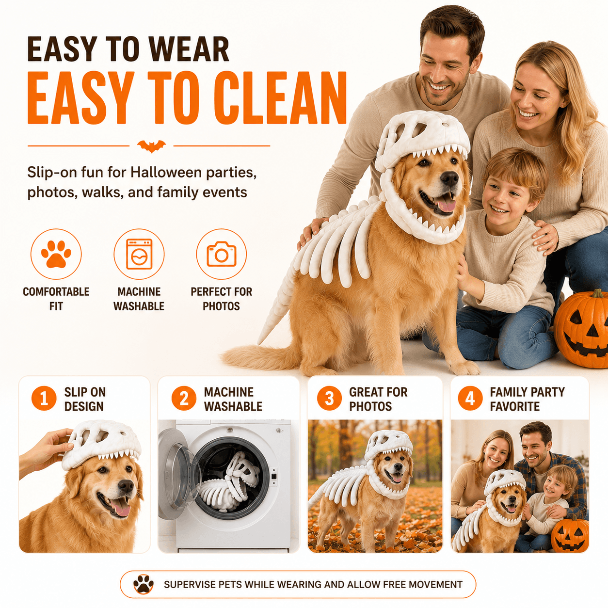 Dinosaur Skeleton Costume for Dogs & Cats | Soft Plush Halloween Pet Costume