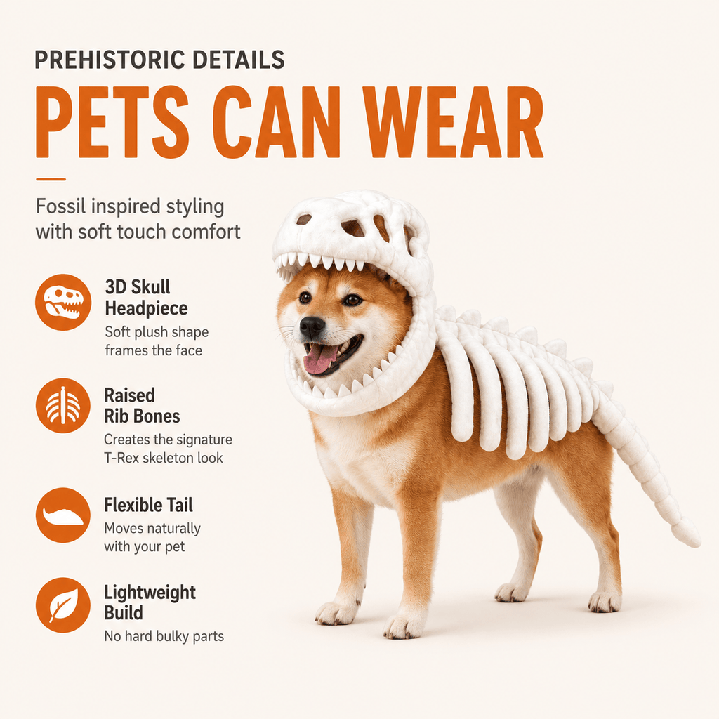 Dinosaur Skeleton Costume for Dogs & Cats | Soft Plush Halloween Pet Costume