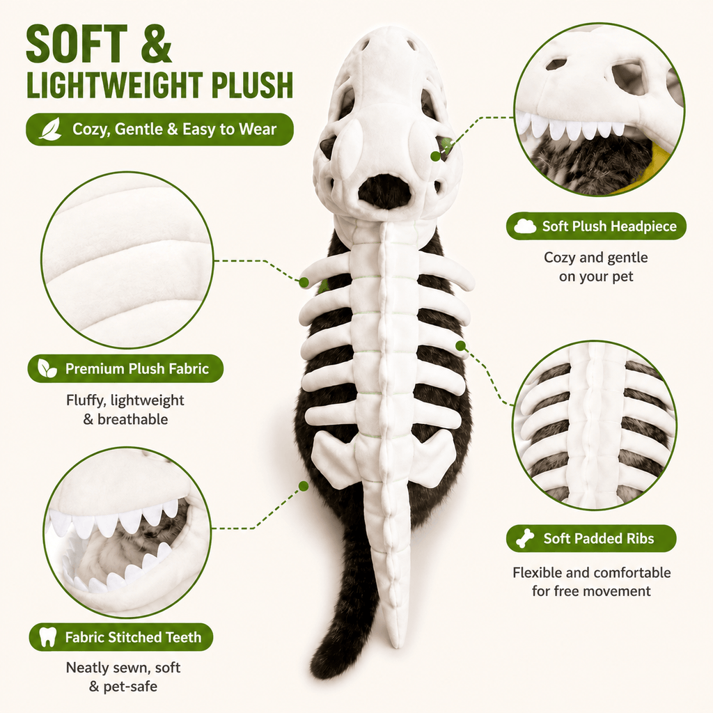 Dinosaur Skeleton Costume for Dogs & Cats | Soft Plush Halloween Pet Costume
