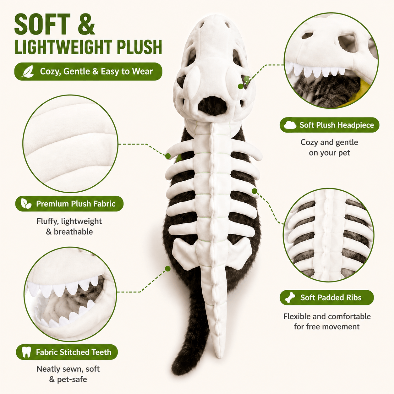 Dinosaur Skeleton Costume for Dogs & Cats | Soft Plush Halloween Pet Costume