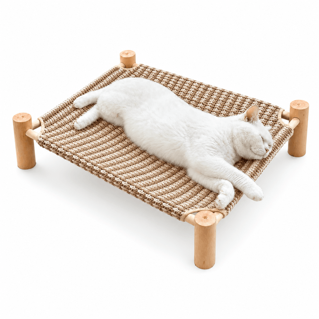 Elevated Cat Scratching Bed – Solid Wood Frame with Sisal-Style Woven Fabric