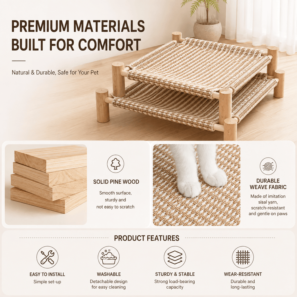 Elevated Cat Scratching Bed – Solid Wood Frame with Sisal-Style Woven Fabric