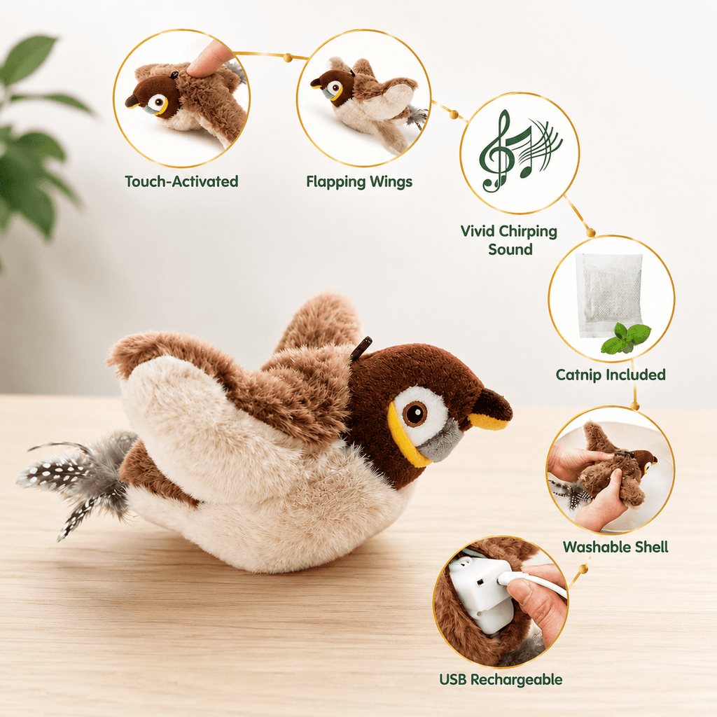 Realistic Chirping Bird Cat Toy with Flapping Wings