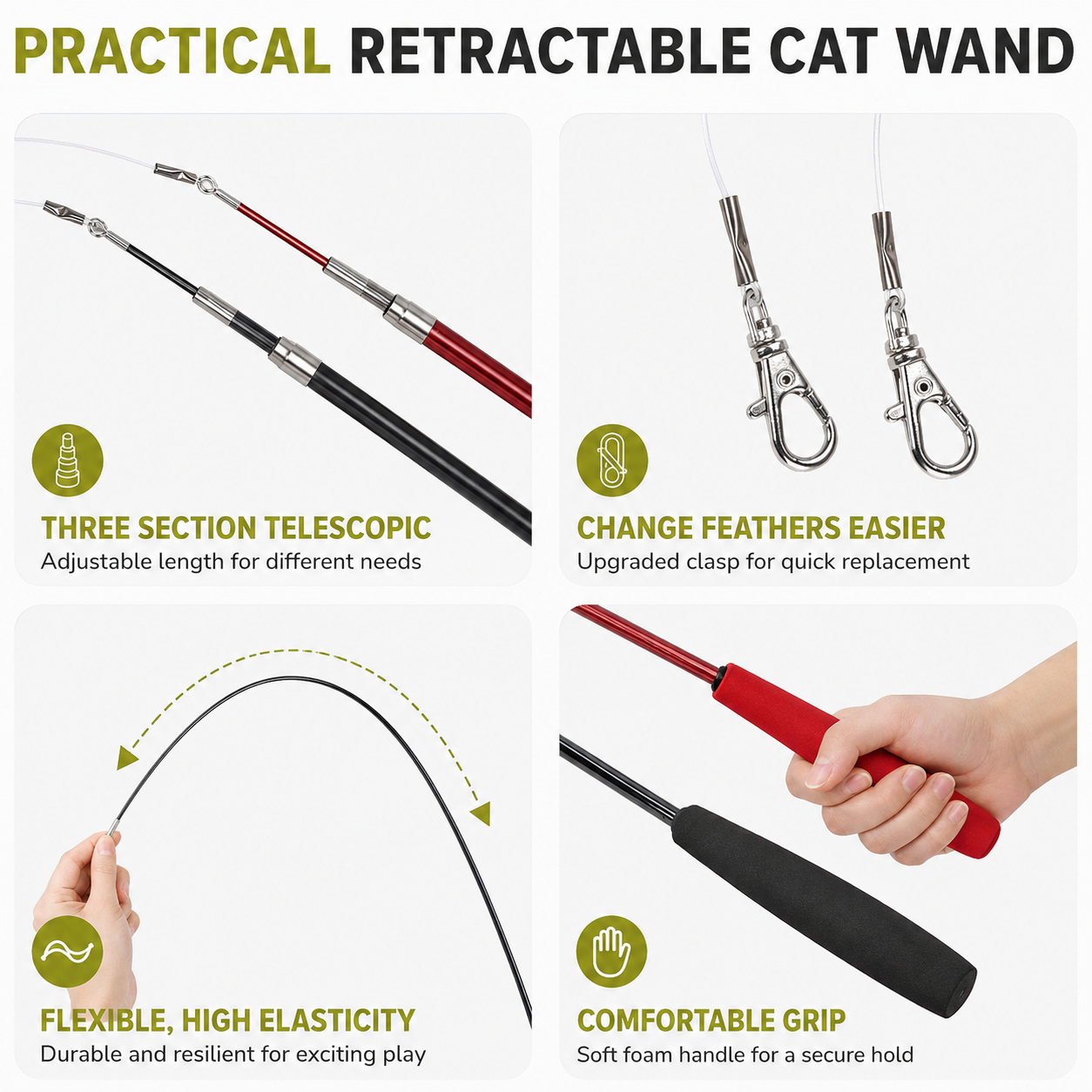 Interactive Cat Wand Toy Set - 2PCS Retractable Wand Toy and 9PCS Cat Feather Toys Refills