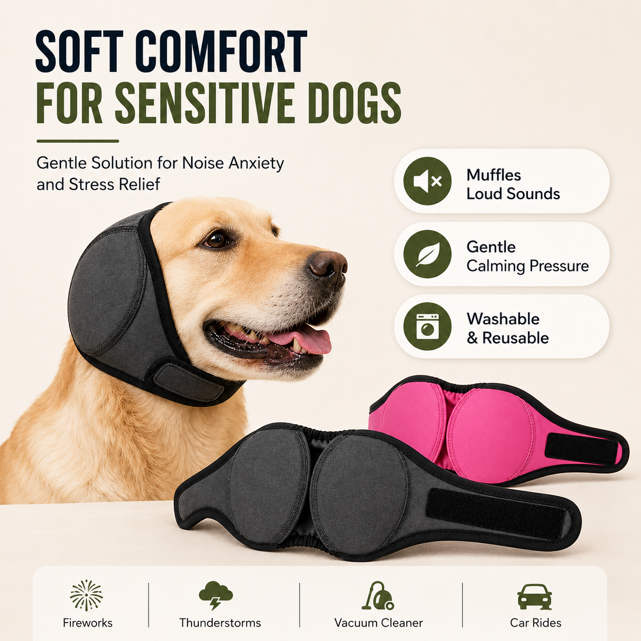 Calming Dog Ear Wrap for Fireworks, Thunder & Anxiety Relief