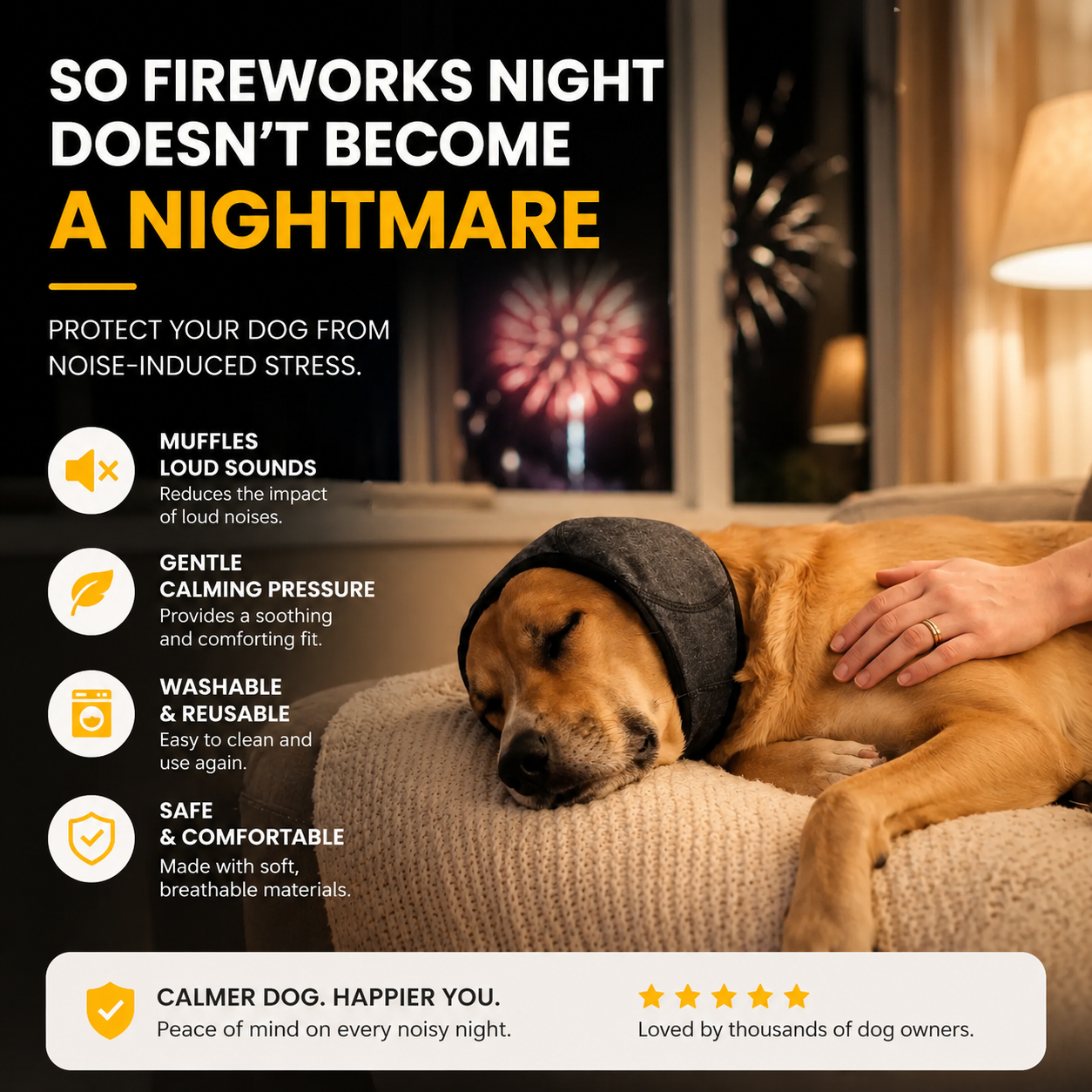 Calming Dog Ear Wrap for Fireworks, Thunder & Anxiety Relief