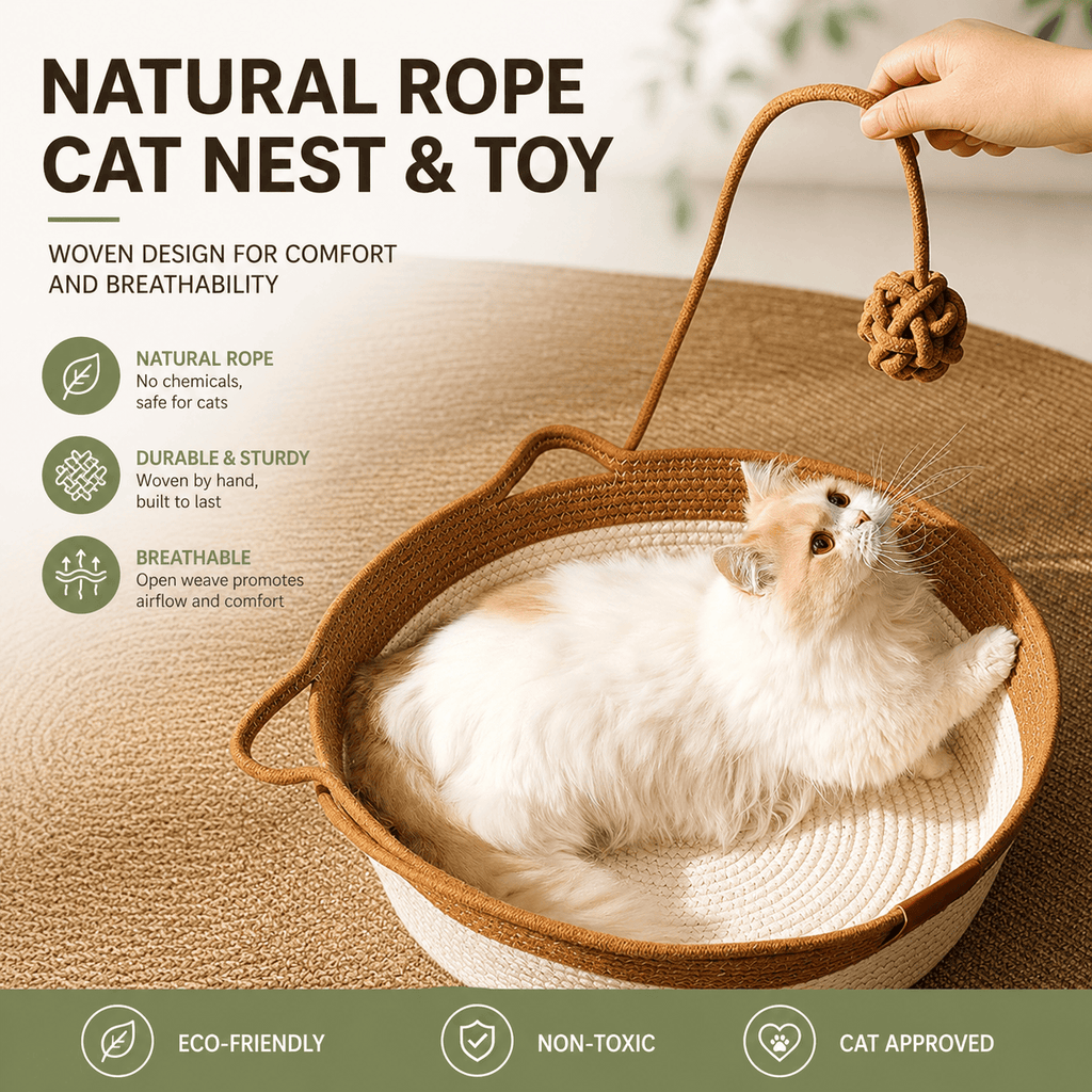 Handwoven Cotton Rope Cat Basket Bed with Scratcher & Hanging Toy