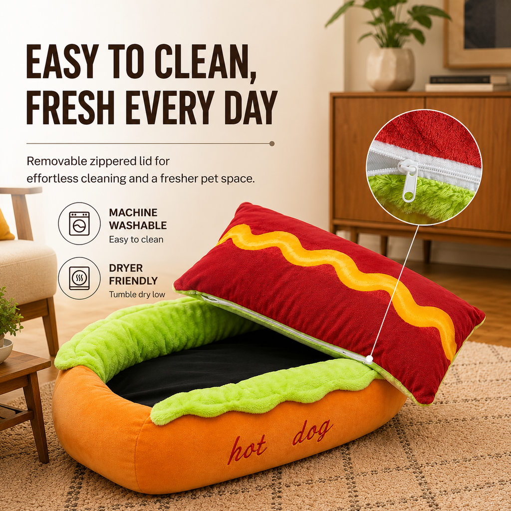 Hot Dog Dog Bed, Soft Plush Small Cute and Warm Cozy Food Dog Cat Bed