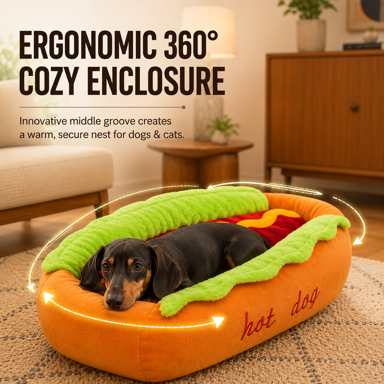 Hot Dog Dog Bed, Soft Plush Small Cute and Warm Cozy Food Dog Cat Bed