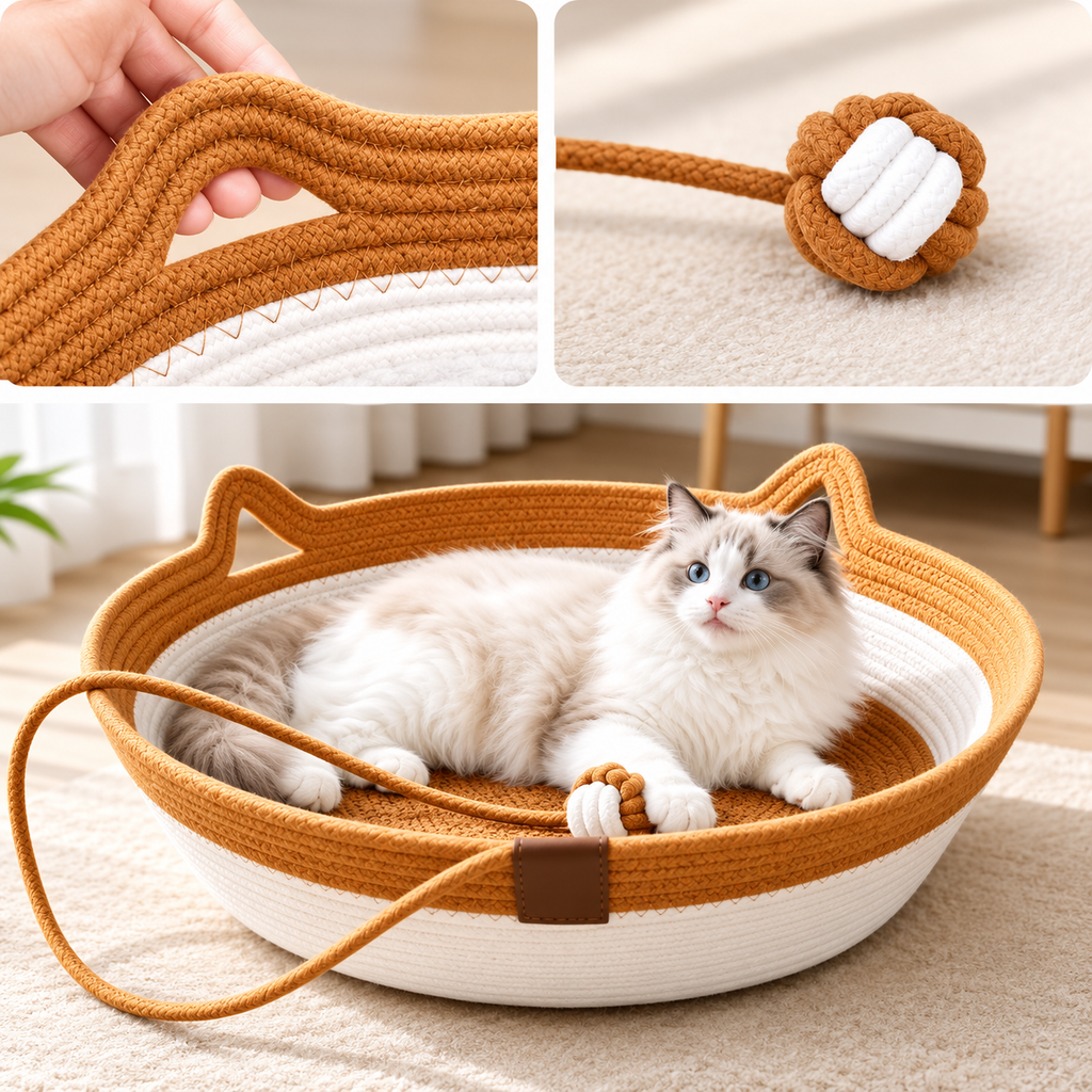 Handwoven Cotton Rope Cat Basket Bed with Scratcher & Hanging Toy