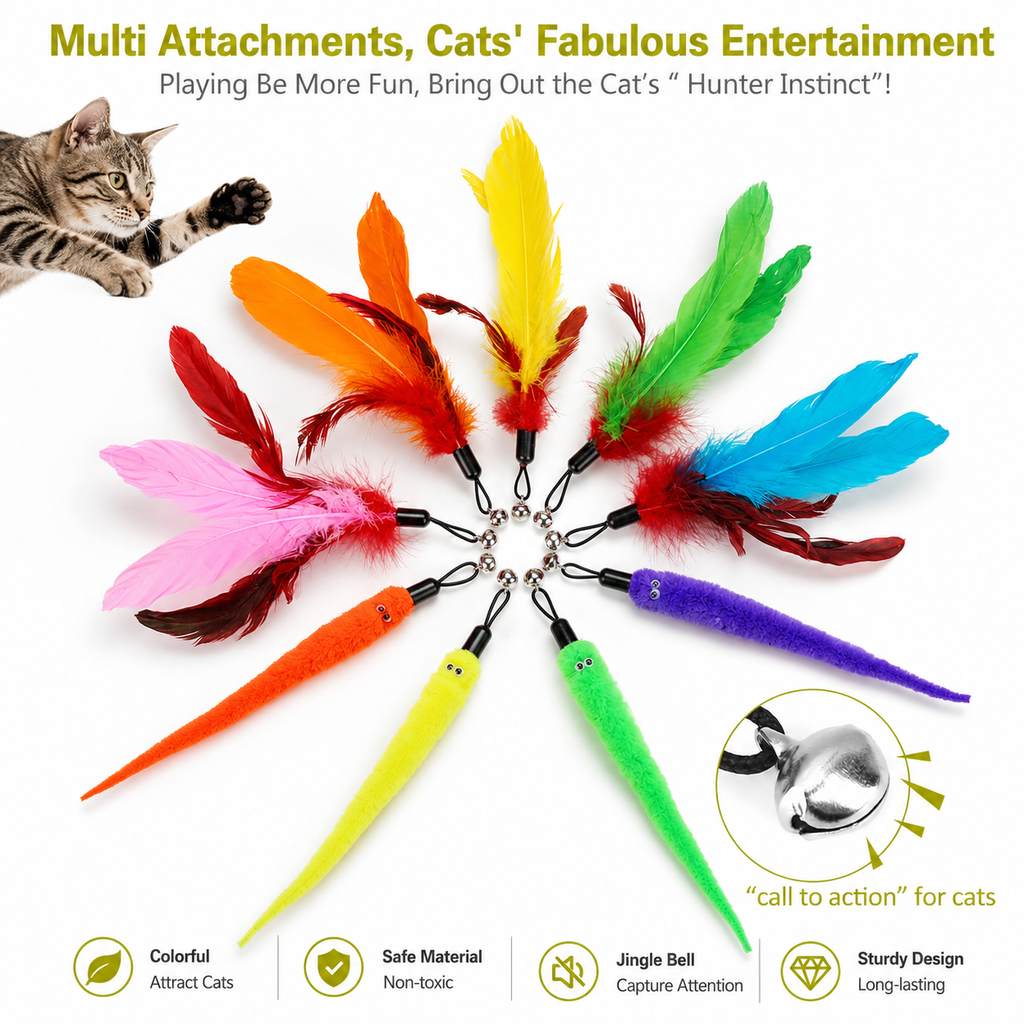 Interactive Cat Wand Toy Set - 2PCS Retractable Wand Toy and 9PCS Cat Feather Toys Refills