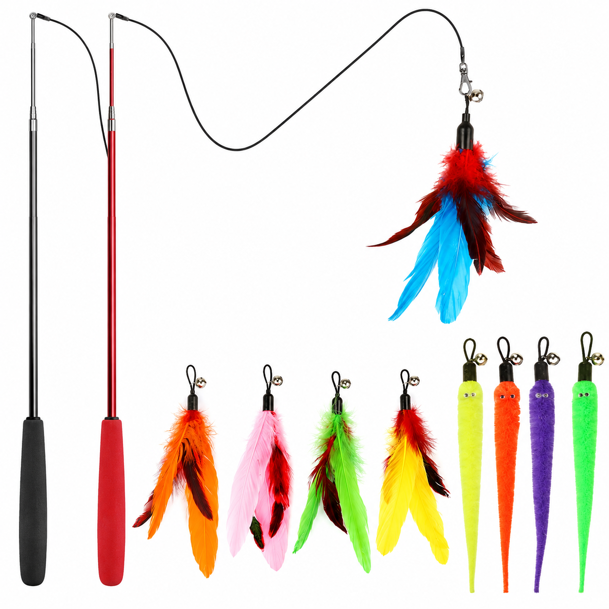 Interactive Cat Wand Toy Set - 2PCS Retractable Wand Toy and 9PCS Cat Feather Toys Refills