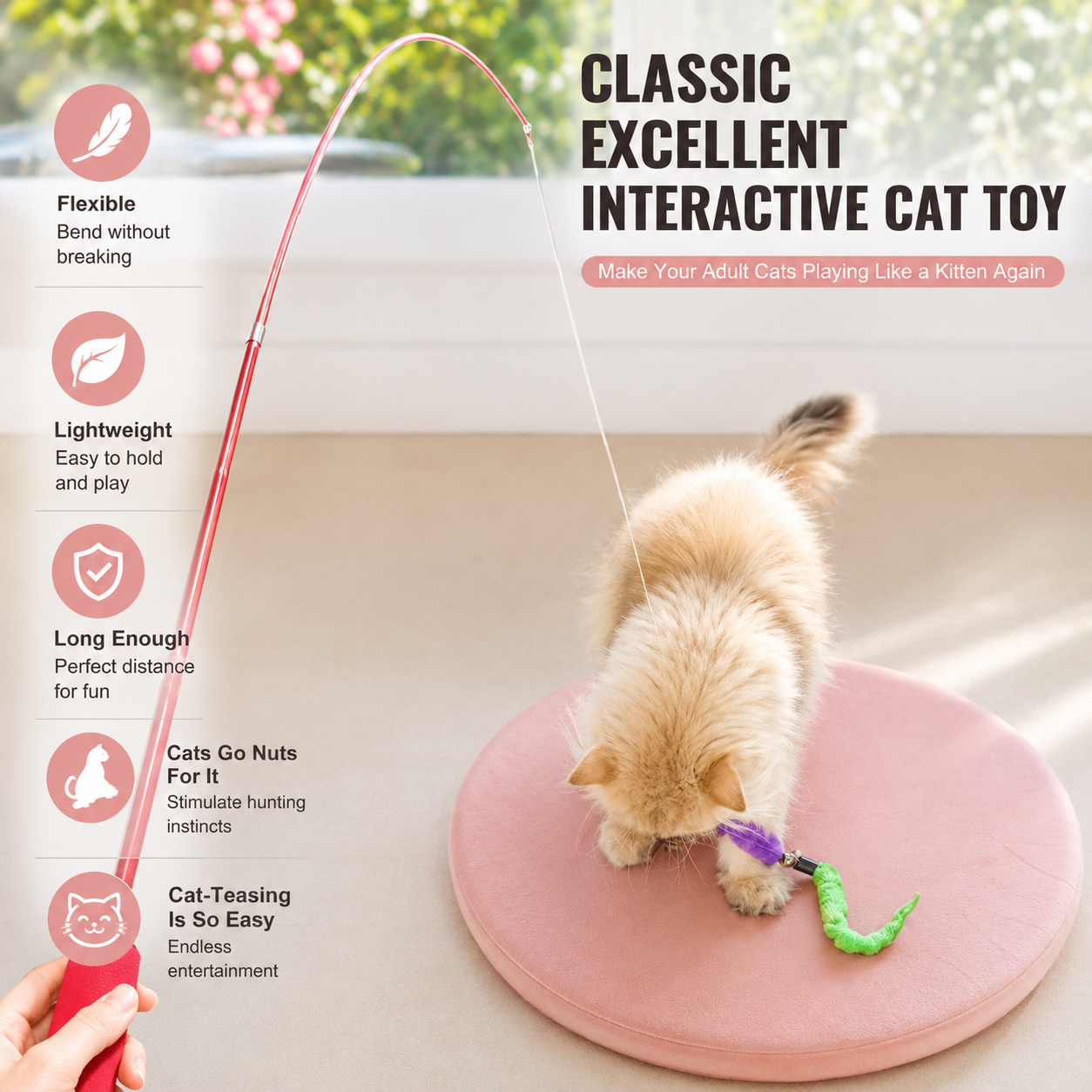 Interactive Cat Wand Toy Set - 2PCS Retractable Wand Toy and 9PCS Cat Feather Toys Refills