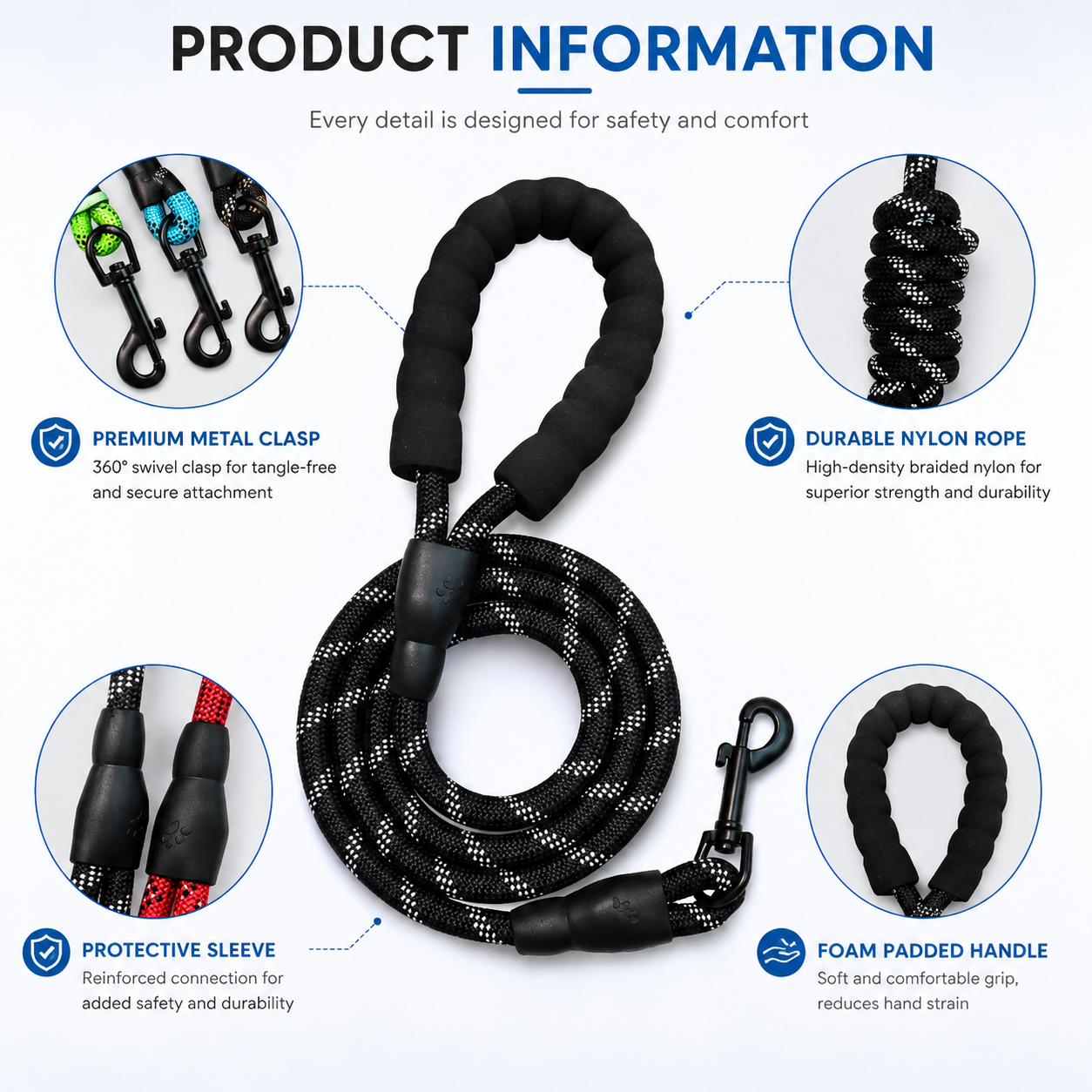 Reflective Nylon Dog Leash with Soft Padded Handle