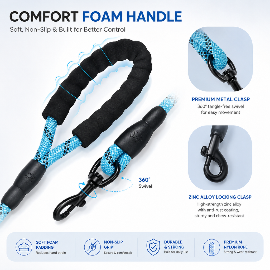Reflective Nylon Dog Leash with Soft Padded Handle