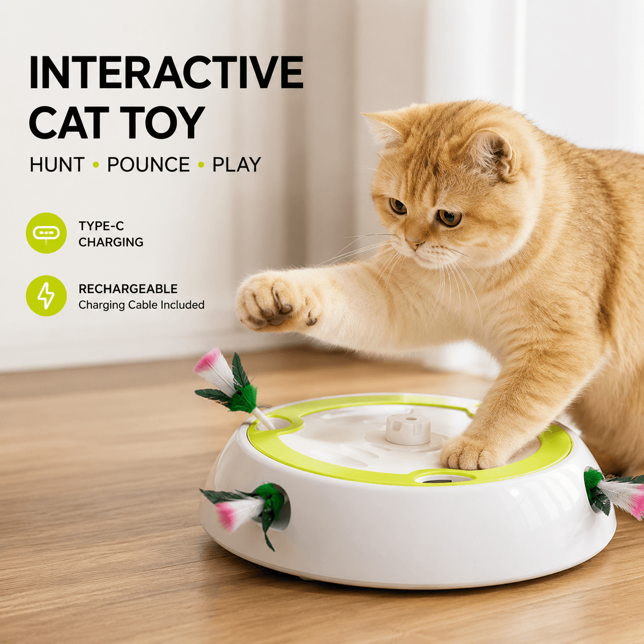 Interactive Feather Hunt Cat Toy – Rechargeable Multi-Speed Play