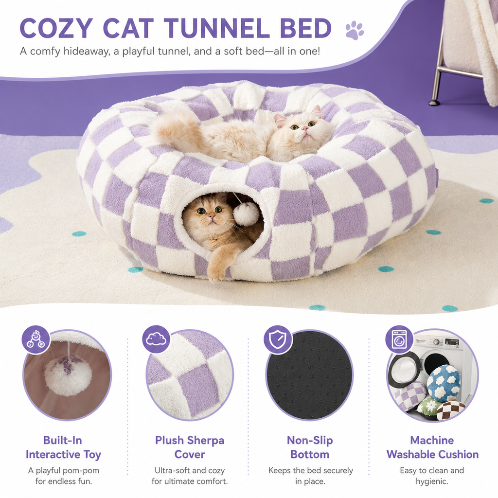 Washable Cat Tunnel Bed for Indoor Cats